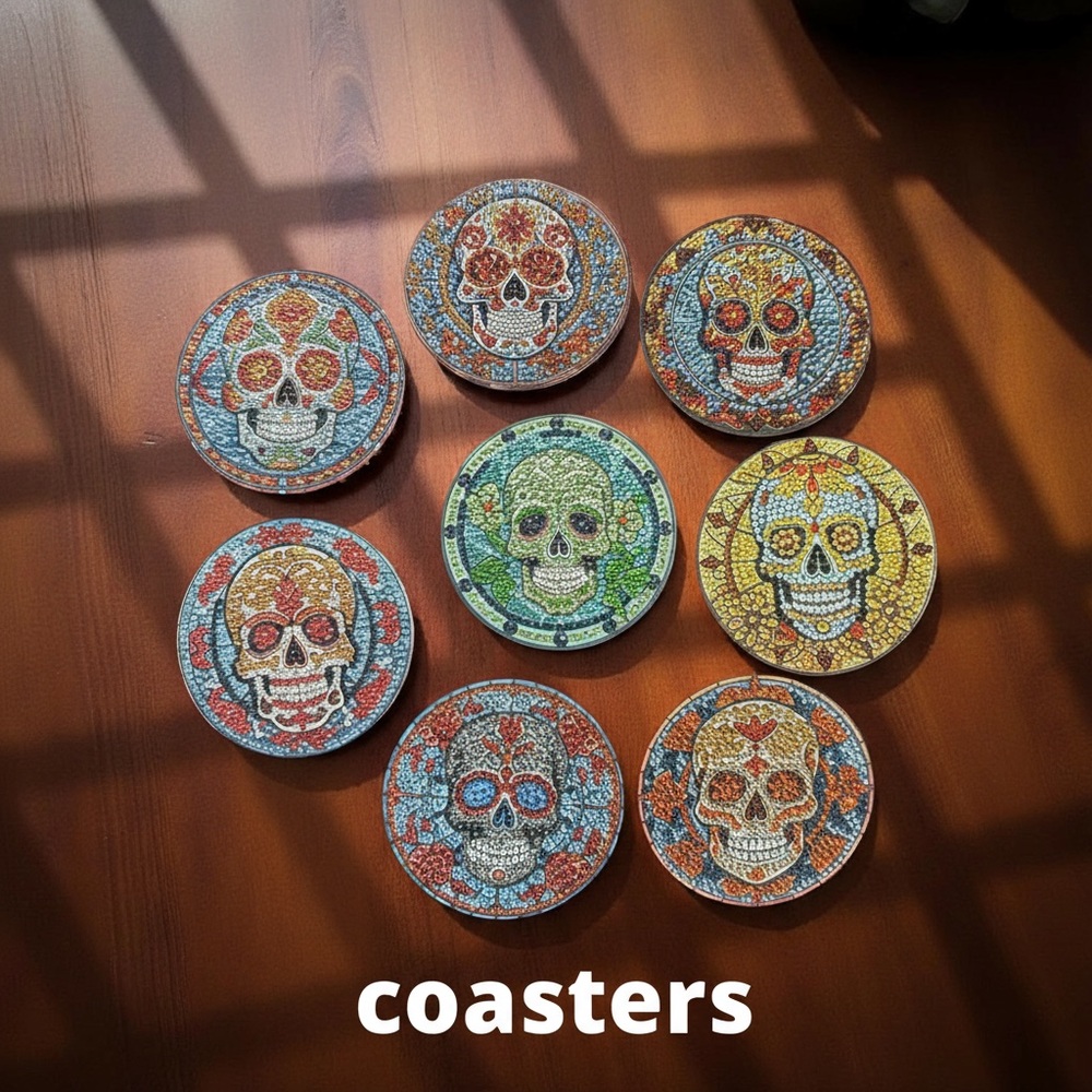 Hand Crafted New Sugar Skull 8 Piece Coaster Set